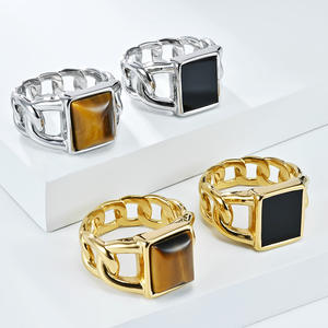 แหวนโซ่คิวบาแบบเรขาคณิตฉลุลายฝังไทเกอร์อายสำหรับผู้ชาย ของขวัญเครื่องประดับไทเทเนียมสตีล - Product Image 1