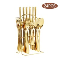 Ensemble de couverts en acier inoxydable arc-en-ciel de 24 pièces, fourchettes, cuillères, couteaux polis miroir irisés avec support suspendu doré