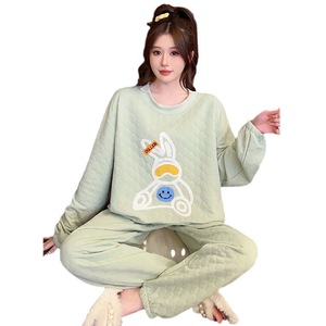 Automne et hiver air coton pyjamas en couches à manches longues Air coton laminé épaissi chaud maison vêtements grande taille costume - Product Image 1