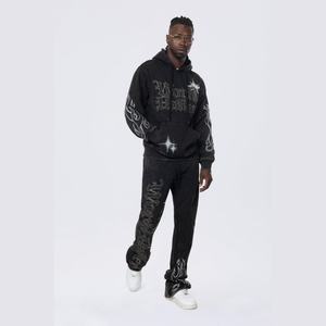 Pantalones de chándal casuales de algodón y poliéster con efecto desgastado, estilo vintage, con pedrería y lavado ácido, de forro polar negro apilado para streetwear. - Product Image 2