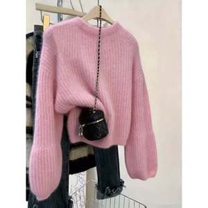 Suéter rosa de manga farol acanalado para mujer, talla S, top de punto suave - Product Image 1