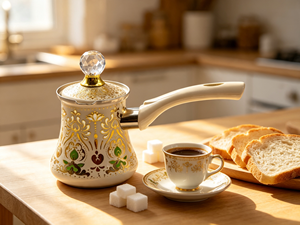 หม้อกาแฟตุรกีเคลือบลายดอกไม้สไตล์วินเทจ พร้อมฝาปิดและหูจับ ใช้กับเตาได้ เหมาะสำหรับกาแฟอาหรับ เป็นของขวัญ - Product Image 2