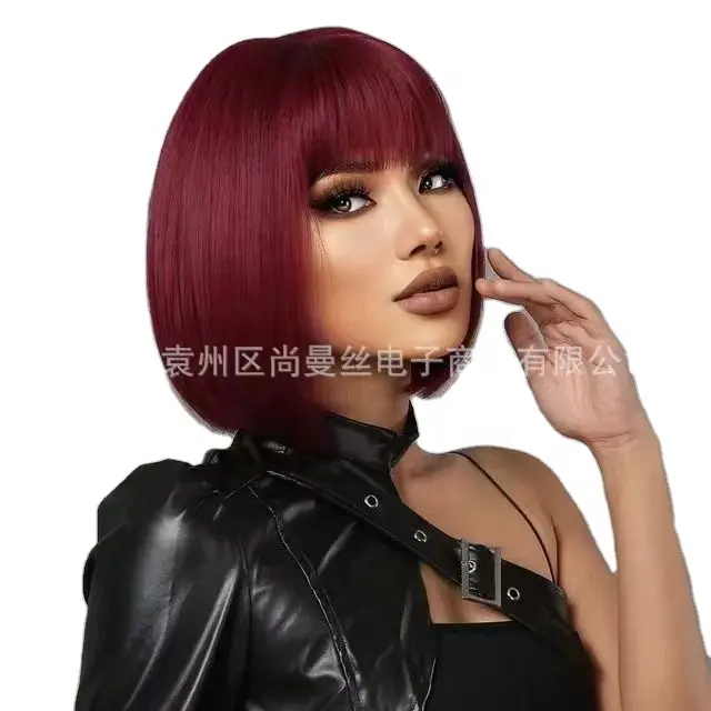 Perucas europeias e americanas com franja, cabelo humano curto e liso bob vermelho vinho preto, cabelo humano de alta qualidade no atacado