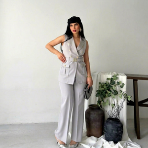 Elegant Women's Sleeveless <b>Blazer</b> Vest With Wide Leg Trousers <b>Set</b> Solid Gray V-Neck Button Front Satin Suit Regular Fit Wear - Product Image 1