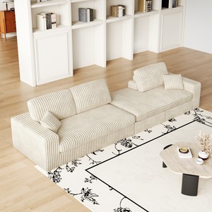 Canapé inclinable modulaire moderne en velours côtelé, écologique et durable, en mousse, design en L 2-en-1, trois coussins, oreiller cervical, deux plaids - Product Image 3