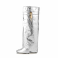 Bottes hautes pour femmes de marque célèbre, talon compensé, mode personnalisée, superposition en PU métallique, cadenas, bottes de requin