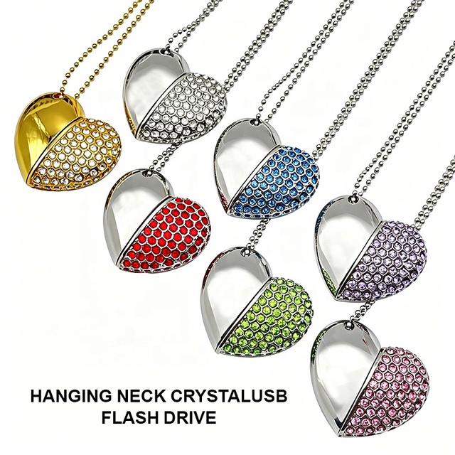 New USB 2.0 Necklace Heart Shape Metal Custom Diamond USB Flash Drive 32GB 128GB