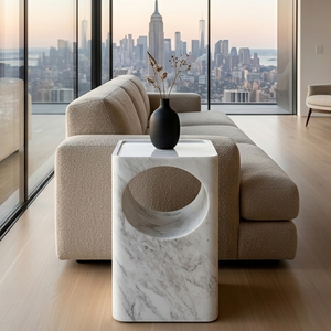 Custom Unique Carved White Stone Hollow <strong>Side</strong> <strong>Table</strong> Minimalist Solid Block Marble Accent <strong>Table</strong> for Luxury Home Salon Bedside - Product Image 1