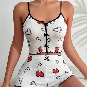 Conjunto de Pijama con Estampado de Corazón, Pijama de Color en Contraste con Abertura Frontal y Tirantes, Ropa de Dormir - Product Image 2