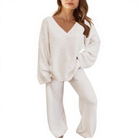 Pyjama en molleton doux pour femmes, ensemble 2 pièces, couleur unie, pour l'automne et l'hiver, vêtements de détente assortis pour femmes