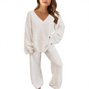 Pigiama da <span class=keywords><strong>donna</strong></span> in maglia felpata a tinta unita, due pezzi, per autunno inverno, set pigiama coordinato da <span class=keywords><strong>donna</strong></span> - Product Image 1
