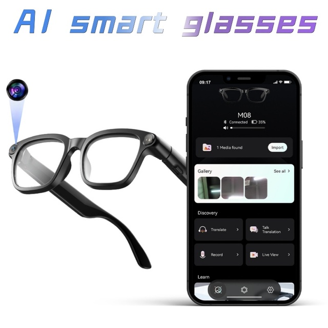 New M08 Smart Glasses with 800W HD Camera Wholesale Cross Platform Compatible AI Translation Touch Operate Outdoor Smart Eyewear