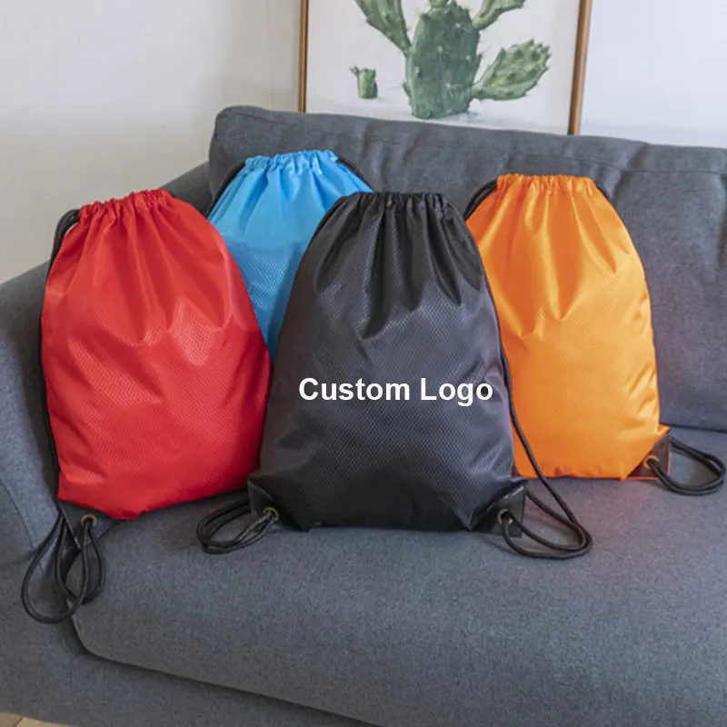 Прочный 210D нейлоновый рюкзак на шнурке с логотипом под заказ, рюкзак на шнурке с односторонней печатью