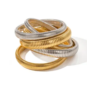Vintage 18k Gold Plated Texture Elastic Bracelet Bangle Women Punk Stainless Steel Snake Bone Chain Stretch Bracelets Jewelry