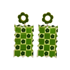 Orecchini Pendenti Verdi a Quadretti con Design Floreale, Gioielli alla Moda, Set Regalo Trendy in Resina Acrilica per Donne - Product Image 1