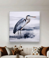 Peinture sur toile encadrée personnalisée en aquarelle d'héron bleu-gris, art animalier côtier, décoration murale animale