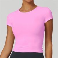 Kaos Yoga Cepat Kering Eropa dan Amerika, Pakaian Ketat Lengan Pendek, Atasan Fitness Warna Solid, untuk Lari di Luar Ruangan