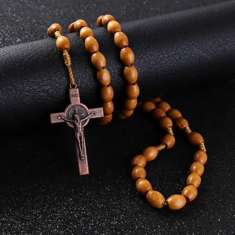 KOMI Vintage Catholic Religious Jesus Jewelry Handmade Weave Round Saint Benedict Medal Antique Wooden Cross Rosary Necklace
