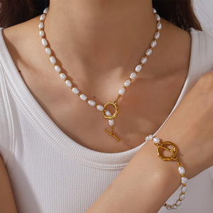 Stainless Steel Imitation Pearl Necklace And <b>Bracelet</b> <b>Set</b> Heart Shape 18K Gold Plated Women's Fashion Jewelry Gift - Product Image 4