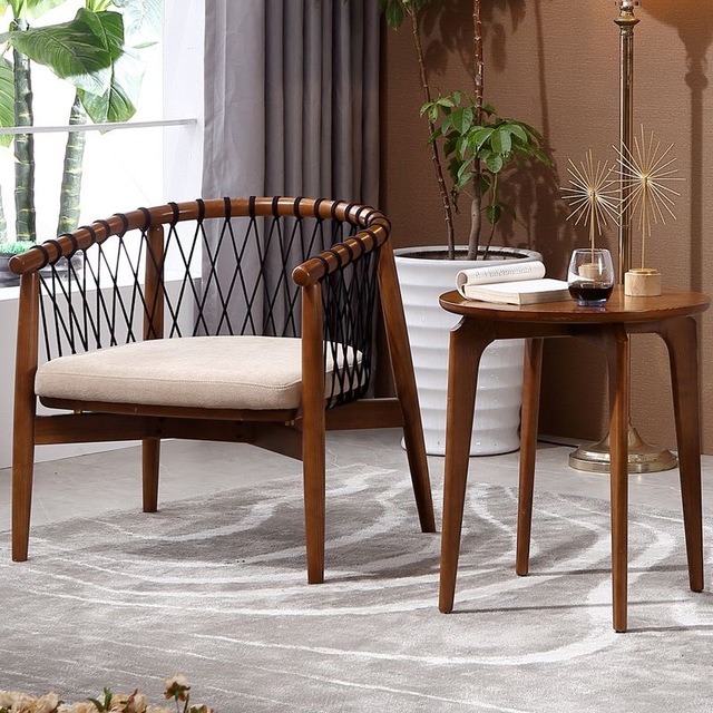 Contemporary Indoor Leisure Woven Solid Wood Dining Chair and Table Set for Home Furniture