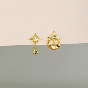Pendientes de Plata de Ley S925 con Estrella de Ocho Puntas Asimétrica y Luna, Pendientes de Aro con Zirconia en Forma de Gota de Agua y Mariposa - Product Image 2