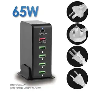 65W Multiport Carregador Rápido PD QC3.0 USB e Tipo-c Carregador de Parede Multi Função de Carregamento Dock Desk com função QC e PD