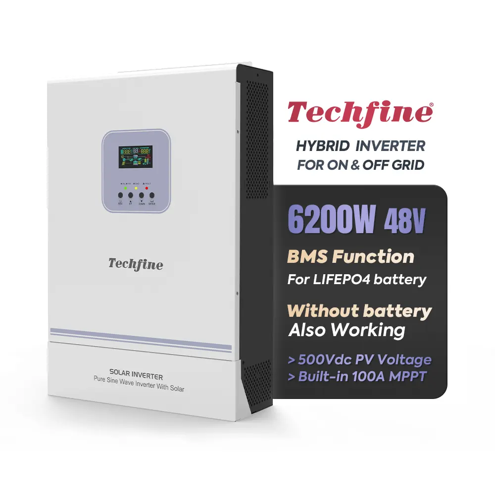 Techfine良い価格100AMPPT充電器オフグリッド6kw 6200W pvハイブリッドソーラーインバーターの単相はバッテリーなしで動作します