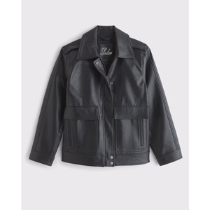 LEDUO Solid Casual Spring <b>Straight</b> Cut PU Leather Breathable Black <b>Jacket</b> for Women - Product Image 1