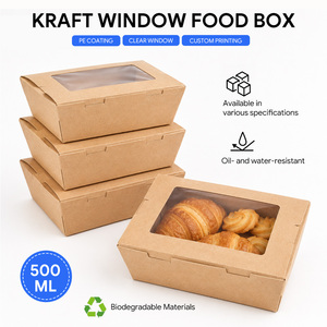 Conteneur alimentaire en papier kraft biodégradable de 500 ml avec fenêtre transparente et couvercle à rabat pour salades, sandwichs, emballages à emporter, vente en gros, personnalisable - Product Image 1