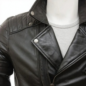 <b>Men's</b> Genuine <b>Leather</b> Heated Moto Jacket Slim Fit Zipper Closure Mandarin Collar Winter Style Solid Color Regular Length Front - Product Image 4