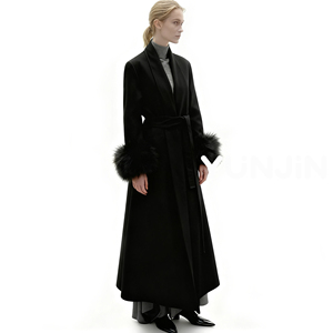 YUNJIN noir luxe femmes laine cachemire Double face Long manteau d'hiver détachable véritable fourrure de renard manches respirant pardessus ceinture - Product Image 3