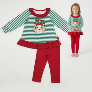 Ensemble de vêtements de Noël pour bébés filles, pantalon rouge à rayures brodées avec motif chien - Product Image 1