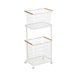 Chariot de rangement multifonctionnel à 2 niveaux non pliant avec poignée en bois et cadre métallique en acier au carbone pour la buanderie Salle de bain - Product Image 4