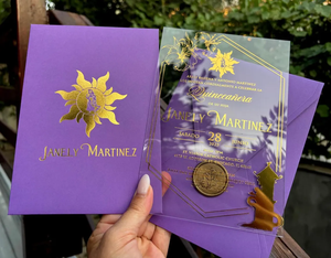 Invitación de Boda de Lujo 2026, Juego Completo en Acrílico, con Bolsillo, Impresión en Dorado, Invitación Acrílica con Bolsillo Morado - Product Image 3