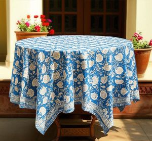 <b>Round</b> Cotton <b>Tablecloth</b> Blue Floral Printed Modern Handmade Eco-Friendly Customized Wedding Washable Home Decor - Product Image 1