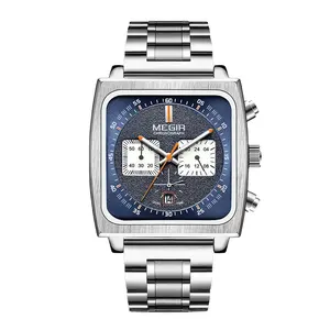 Uhren für Herren MEGIR NEU Quadratisches Zifferblatt Chronograph Quarz Mode Blaues Leder armband Casual Sport Armbanduhr mit Datum