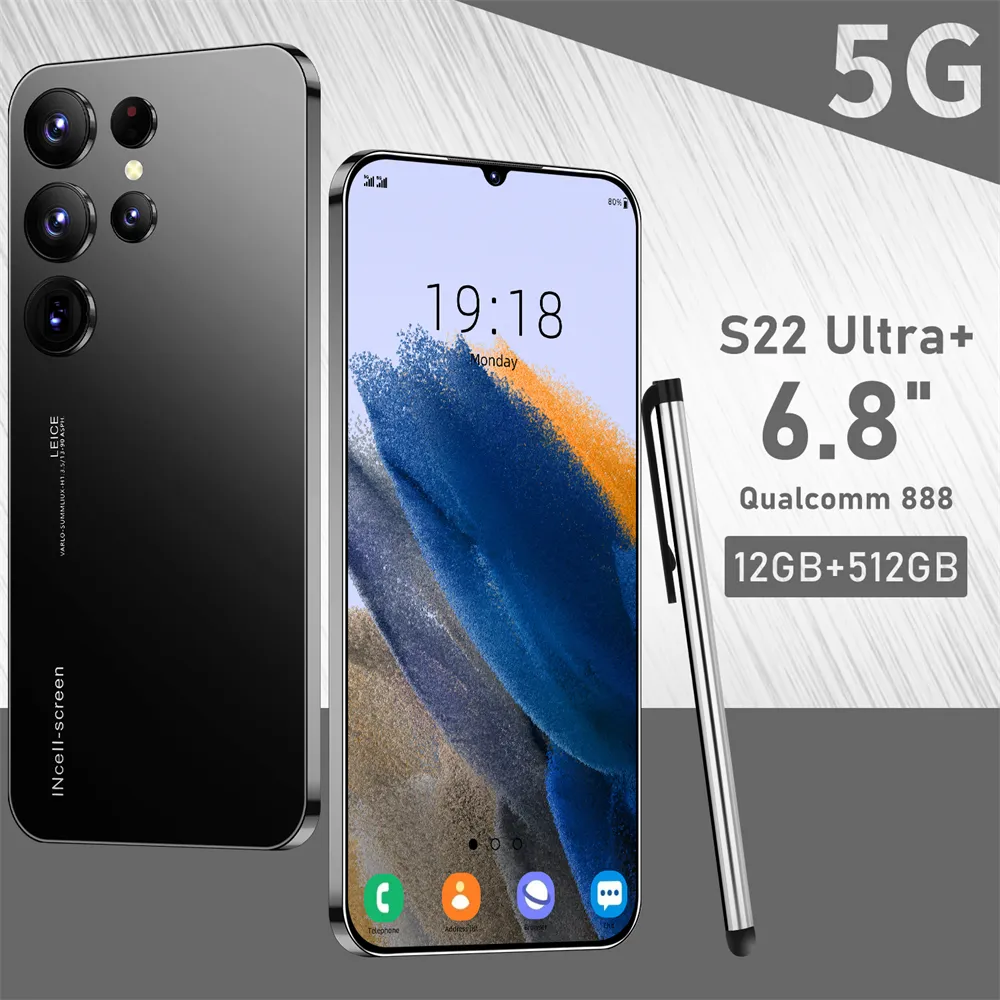 S22 Ultra 12gb+512gb Smart Android Phone 6800mah 6.8 Inch Qualcomm Dual Sim Dual Standby Unlocked Smartphone Cellphones