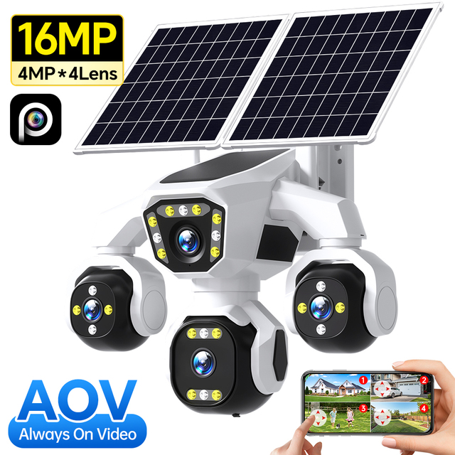 4G Solar PTZ Camera 16MP 4 Lens 4 Screen CCTV Security Camera Outdoor Auto Tracking Full Color Night Vision IP66 Network Camera