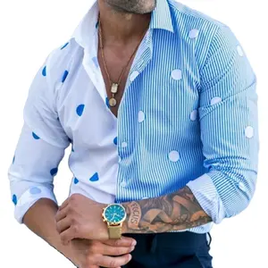 Blusa holgada de algodón para hombre, Camisa larga informal, color blanco y azul