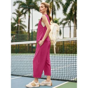 Ensemble 2 pièces d'été pour femmes, haut court sans manches, pantalon large, ensemble de yoga et d'entraînement, spandex, polyester - Product Image 2