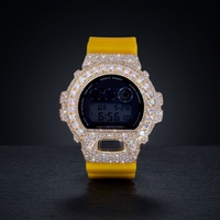 Montre-bracelet numérique de luxe unisexe personnalisable avec lunette entièrement sertie de diamants, verre jaune, bracelet en acier inoxydable, 41 mm, étanche 10 bars, chiffres romains