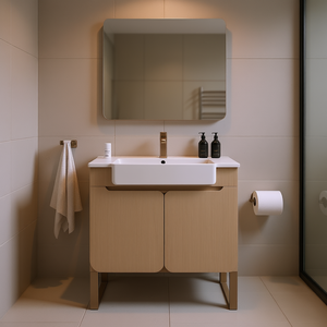 Mueble de baño moderno de 30 pulgadas en madera clara con lavabo de cerámica, montado en la pared, con gabinete de almacenamiento de dos puertas para baño. - Product Image 2
