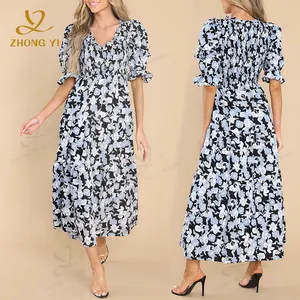 2023 Fábrica Personalizado Impressão Floral Moda Feminina Verão Design V Pescoço Drape Longo Elegante Praia Casual Bohemian Ladies Midi Vestidos