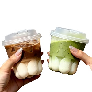 Disposable Custom logo 8 12 16 oz <b>Drink</b> Bubble Tea Ice Transparent clear Coffee Juice Pet <b>Plastic</b> Cute cat Claw <b>Cup</b> with Lid - Product Image 2