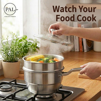 Casserole vapeur en acier inoxydable de qualité supérieure, 2 couches, qualité alimentaire, finition miroir, couvercle en verre transparent, compatible induction et gaz