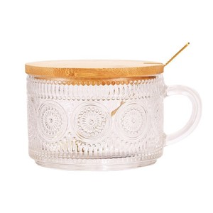 แก้วแก้วใสลายนูนแบบวินเทจขนาด 14 ออนซ์ แก้วกาแฟ ถ้วยโอ๊ตมีลแบบแช่ข้ามคืน พร้อมฝาไม้ไผ่และช้อน - Product Image 1
