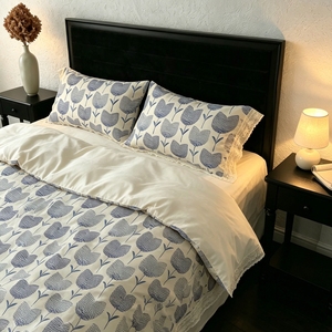 100% Cotton <strong>Duvet</strong> Cover <strong>Set</strong> <strong>Navy</strong> Blue Tulip Print Lace Trim Scandinavian 4-Piece Bedding <strong>Set</strong> for Bedroom Decor - Product Image 5