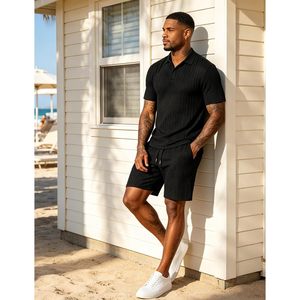 FOXA Mens Polo Shirt And <b>Shorts</b> Set Knitted Breathable Summer Casual Outfit <b>Short</b> Sleeve Twisted Texture Two Piece - Product Image 4