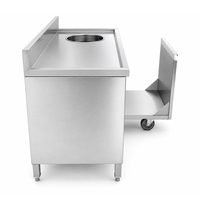 Meuble de cuisine en acier inoxydable avec porte coulissante, trou pour crédence et chariot de récupération des vaisselles sur roulettes