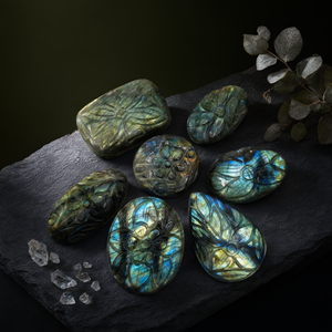 Juego de siete (7) miniaturas florales talladas para colgante en piedra labradorita - joyería de piedras preciosas/cristales - SOLO 7 PIEZAS - Product Image 3